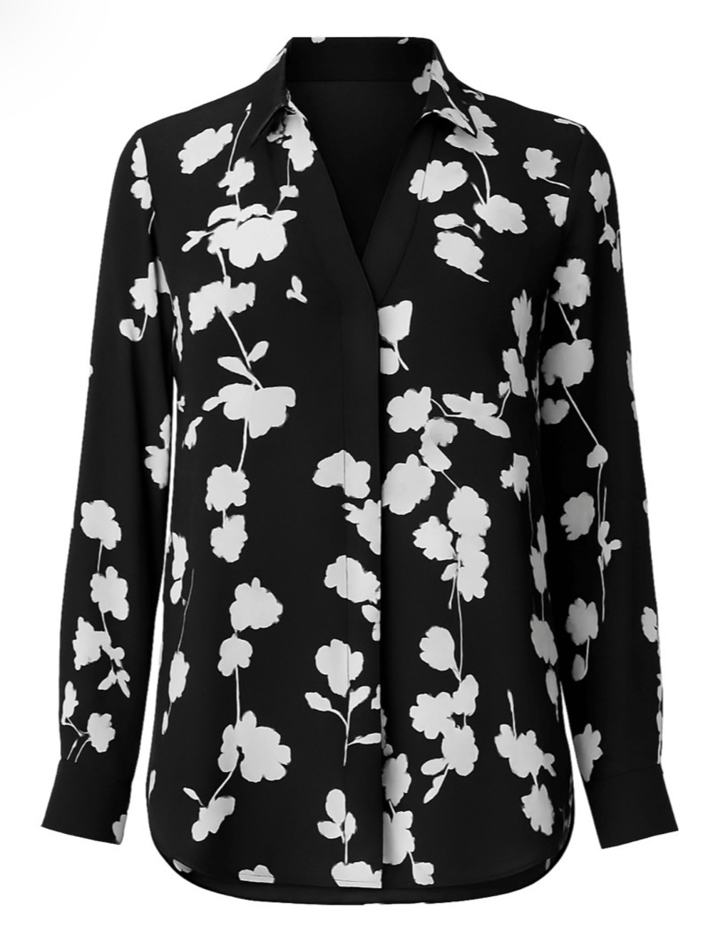 Ann Taylor Black Floral V-Neck Long-Sleeve Camp Blouse XL